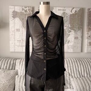 Hem & Thread Black Sheer Mesh Ruched Button Down Lace Top Blouse Small